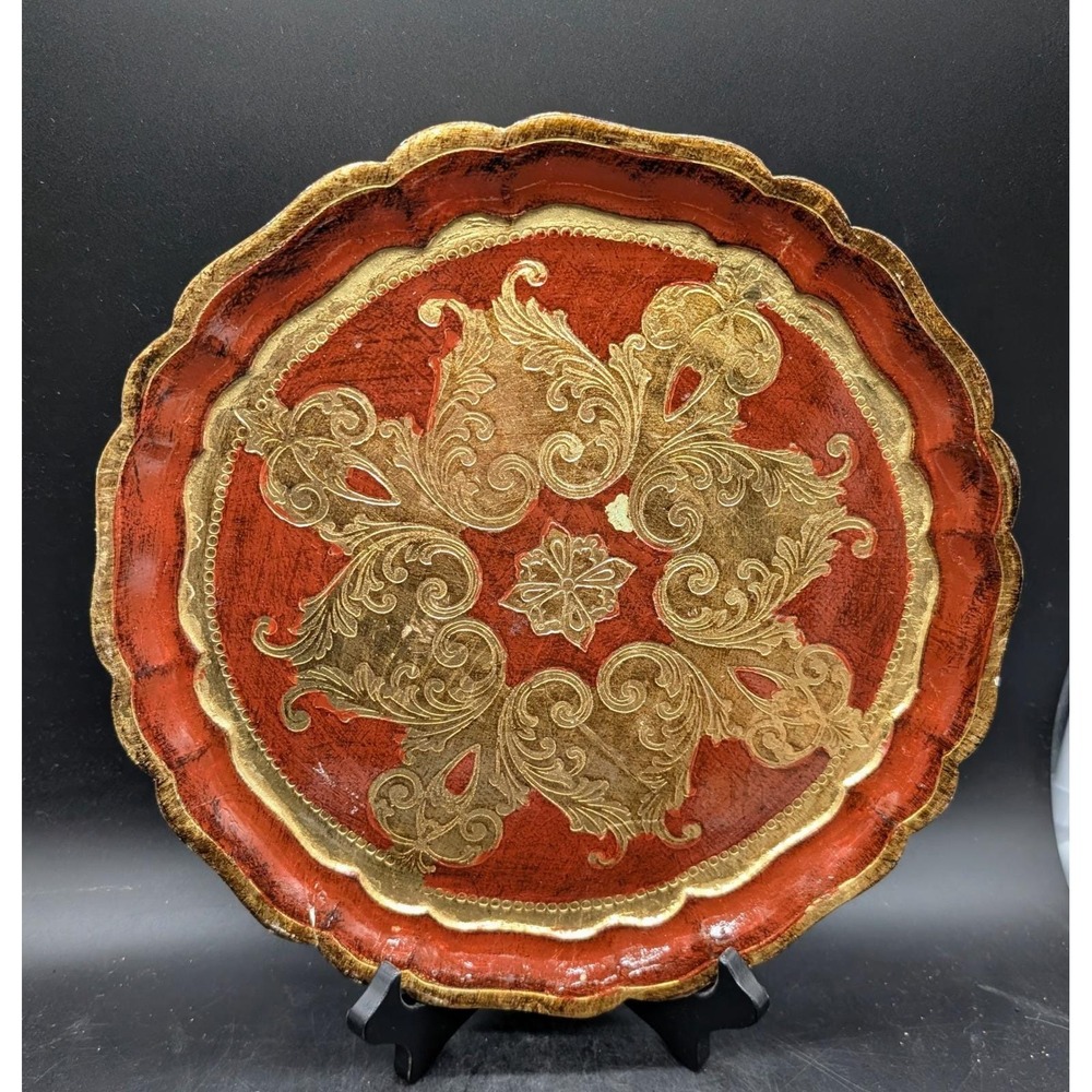 Vintage Florentine Wood Tray Red Gold Gilded Italian Round Scalloped 12 "